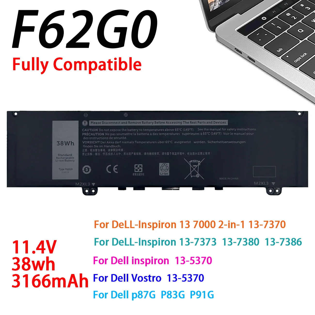 F62G0 Laptop Battery Lithium Ion Batteries F62g0 11.4v 38wh 3330mah For Dell Inspiron 13 7000 2-in-1 13-7370 13-7373 RPJC3 39DY5
F62G0 Laptop Battery Lithium Ion Batteries F62g0 11.4v 38wh 3330mah For Dell Inspiron 13 7000 2-in-1 13-7370 13-7373 RPJC3 39DY5
