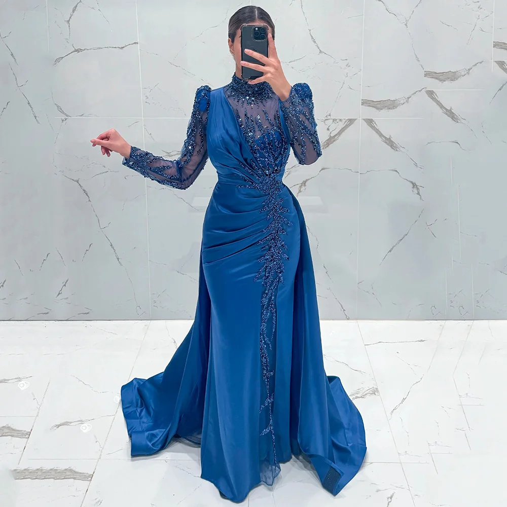 Gorgeous Saudi Blue Beading Evening Dress for Women Customized Waist Train High Neck Long Sleeves Pleats Sequins Celebrity Gowns
Gorgeous Saudi Blue Beading Evening Dress for Women Customized Waist Train High Neck Long Sleeves Pleats Sequins Celebrity Gowns