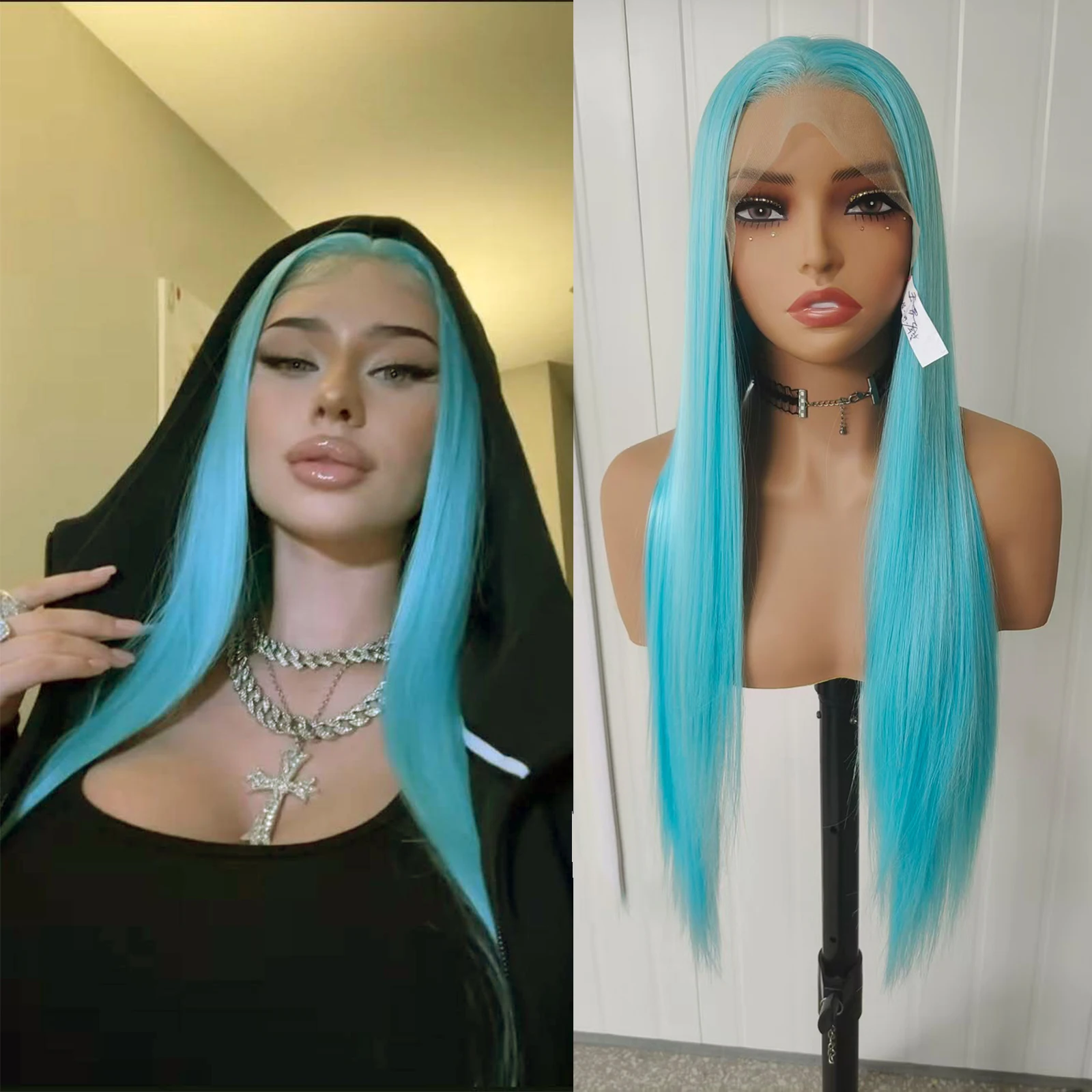 WIF Sky Blue Synthetic Wig Natural Hairline Long Straight Lace Front Wig Women Daily Use Free Part Hair
WIF Sky Blue Synthetic Wig Natural Hairline Long Straight Lace Front Wig Women Daily Use Free Part Hair