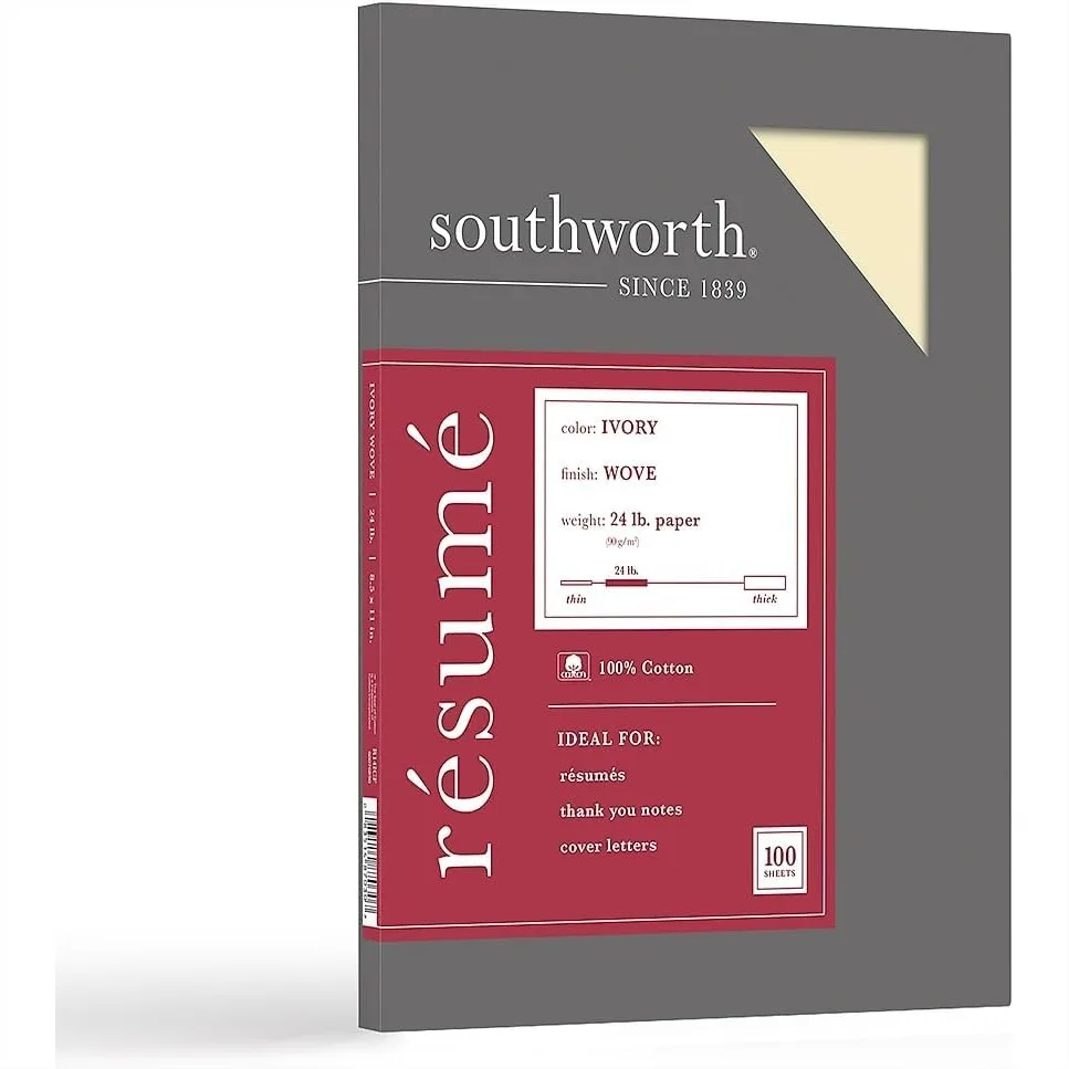 100% Cotton Resume Paper, 8.5x11, 24 Lb, Ivory, 100 Sheets for Professional Resumes & Cover Letters
100% Cotton Resume Paper, 8.5x11, 24 Lb, Ivory, 100 Sheets for Professional Resumes & Cover Letters
