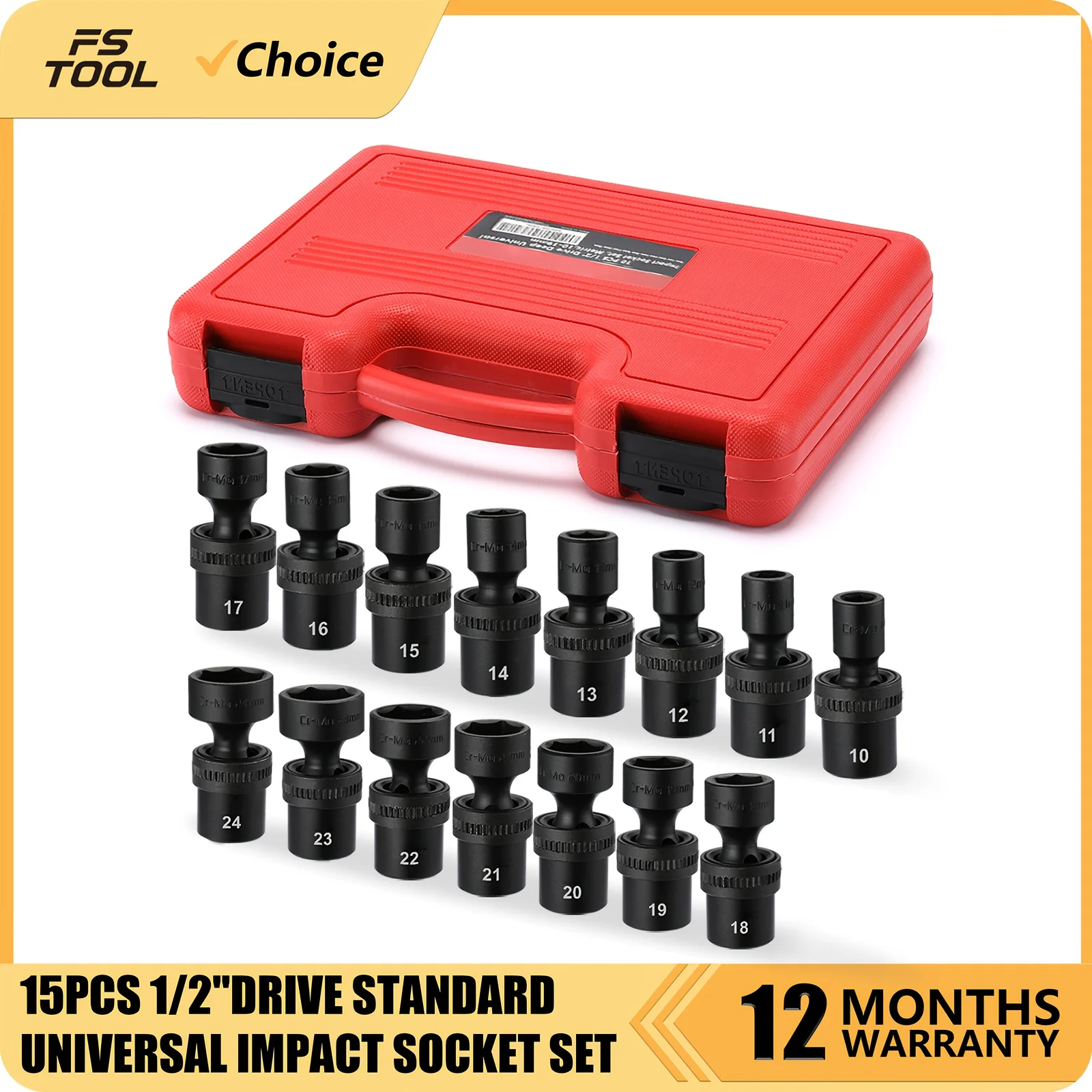 15pcs 1/2"Drive Standard Impact Socket Set, 6 Point, Shallow, CR-MO, SAE&Metric, 10mm-24mm, 2.75" Length, Flex Socket, Joint Socket, Convenient Storage Case, Portable Tools for Maintenance
15pcs 1/2"Drive Standard Impact Socket Set, 6 Point, Shallow, CR-MO, SAE&Metric, 10mm-24mm, 2.75" Length, Flex Socket, Joint Socket, Convenient Storage Case, Portable Tools for Maintenance