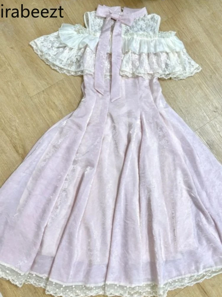 Sweet Lolita Style Ruffled Sleeve Lace Bow Mini Dress for Women with Cinched Waist, Feminine Floral Print Long Dress 
Sweet Lolita Style Ruffled Sleeve Lace Bow Mini Dress for Women with Cinched Waist, Feminine Floral Print Long Dress