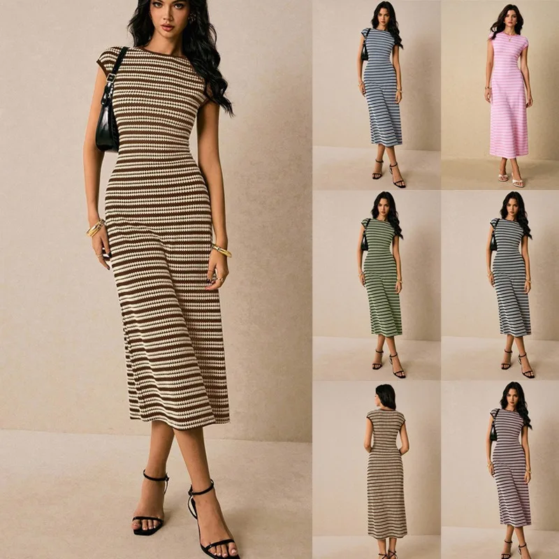 Women's dress summer comfortable outdoor commuting color blocked striped waist cinched round neck short sleeved women's dress
Women's dress summer comfortable outdoor commuting color blocked striped waist cinched round neck short sleeved women's dress