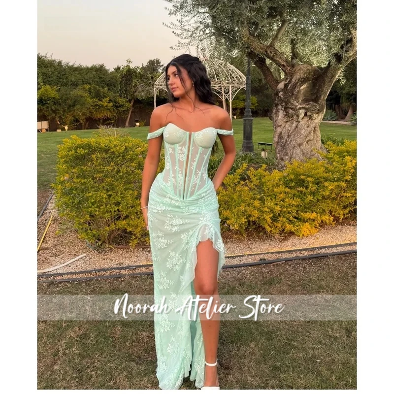 Customized Mint Green Off Shoulder Prom Dress with Lace Corset Bodice and High Slit vestidos de noche Formal Evening Gown
Customized Mint Green Off Shoulder Prom Dress with Lace Corset Bodice and High Slit vestidos de noche Formal Evening Gown