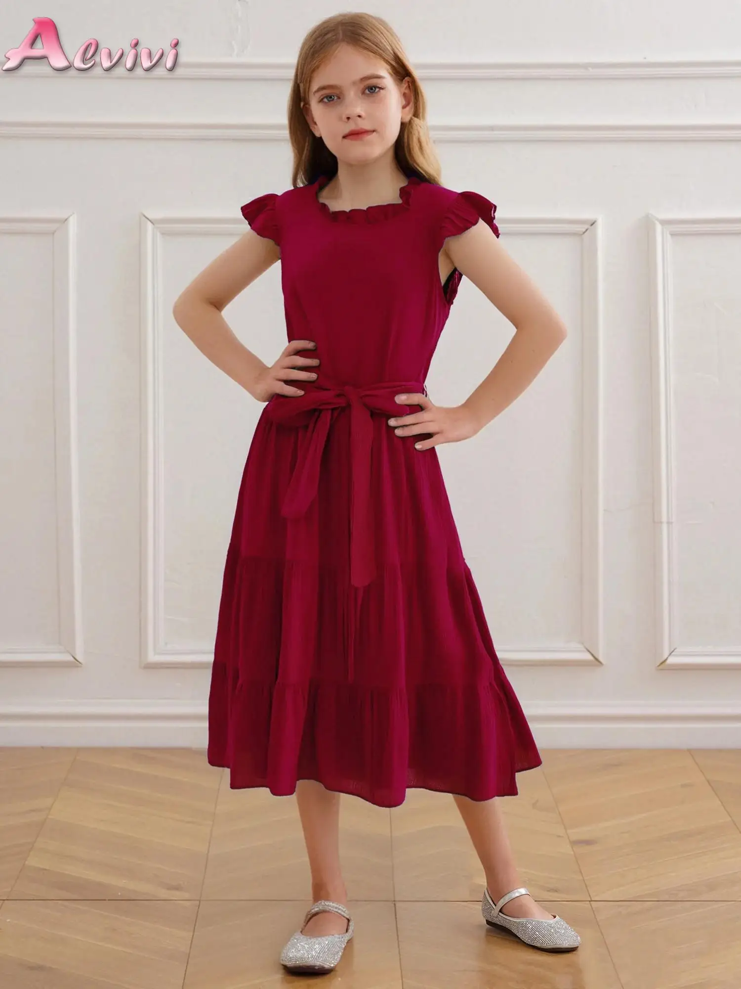 Kids Girls Elegant Round Neck Cap Sleeves Ruffled Dress with Belt for Birthday Party Wedding Vacation Beach
Kids Girls Elegant Round Neck Cap Sleeves Ruffled Dress with Belt for Birthday Party Wedding Vacation Beach