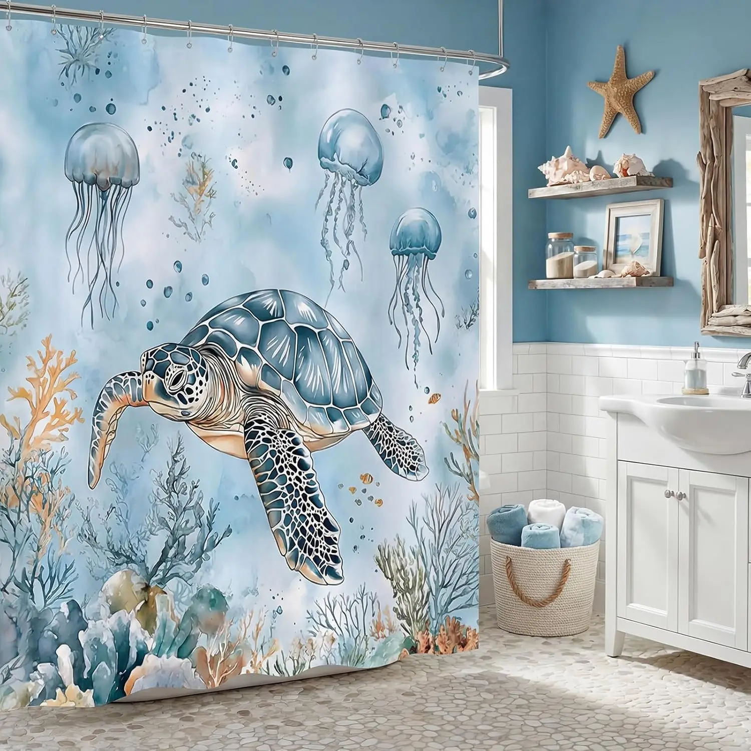 Sea Turtle Jellyfish Ocean Shower Curtain Underwater Animal Print for Bathroom Decor
Sea Turtle Jellyfish Ocean Shower Curtain Underwater Animal Print for Bathroom Decor