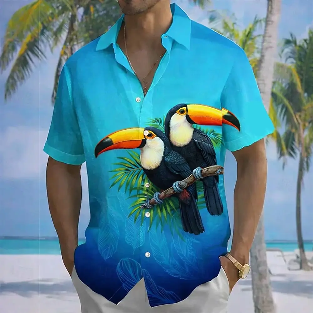 Мужская летняя гавайская рубашка с градиентным принтом попугаев, на пуговицах, с коротким рукавом, для отпуска и пляжа
Мужская летняя гавайская рубашка с градиентным принтом попугаев, на пуговицах, с коротким рукавом, для отпуска и пляжа
