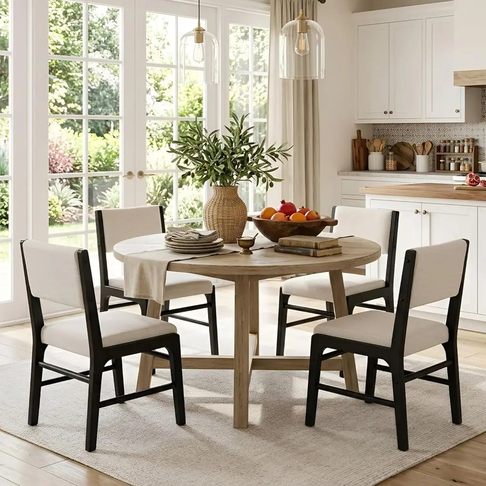 4 Beige Linen Upholstered Dining Chairs with Black Wooden Legs and Regular Backs
4 Beige Linen Upholstered Dining Chairs with Black Wooden Legs and Regular Backs