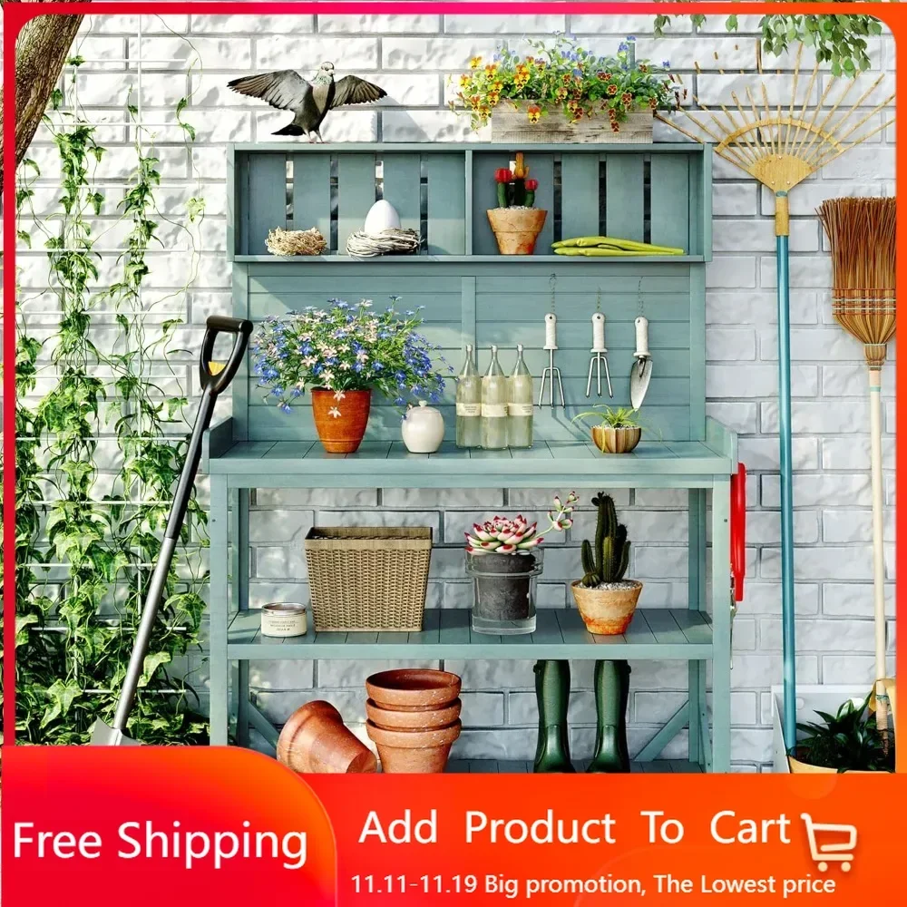 Large Wooden Farmhouse Rustic Outdoor Patio Workstation Potting Bench Table with 4 Storage Shelves and Side Hook - Green
Large Wooden Farmhouse Rustic Outdoor Patio Workstation Potting Bench Table with 4 Storage Shelves and Side Hook - Green