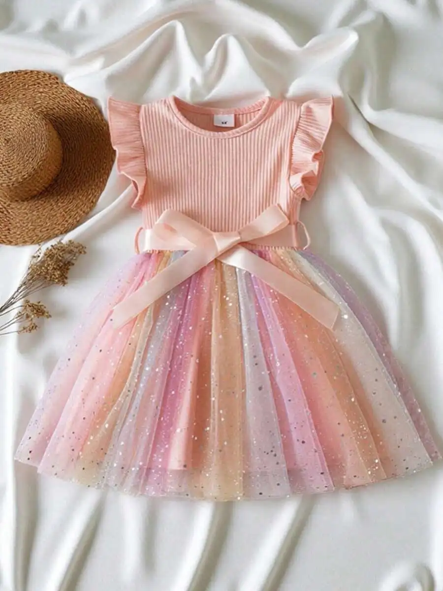Elegant Rainbow Tulle Dress With Ruffle Sleeves And Bow Belt For Formal Evening
Elegant Rainbow Tulle Dress With Ruffle Sleeves And Bow Belt For Formal Evening