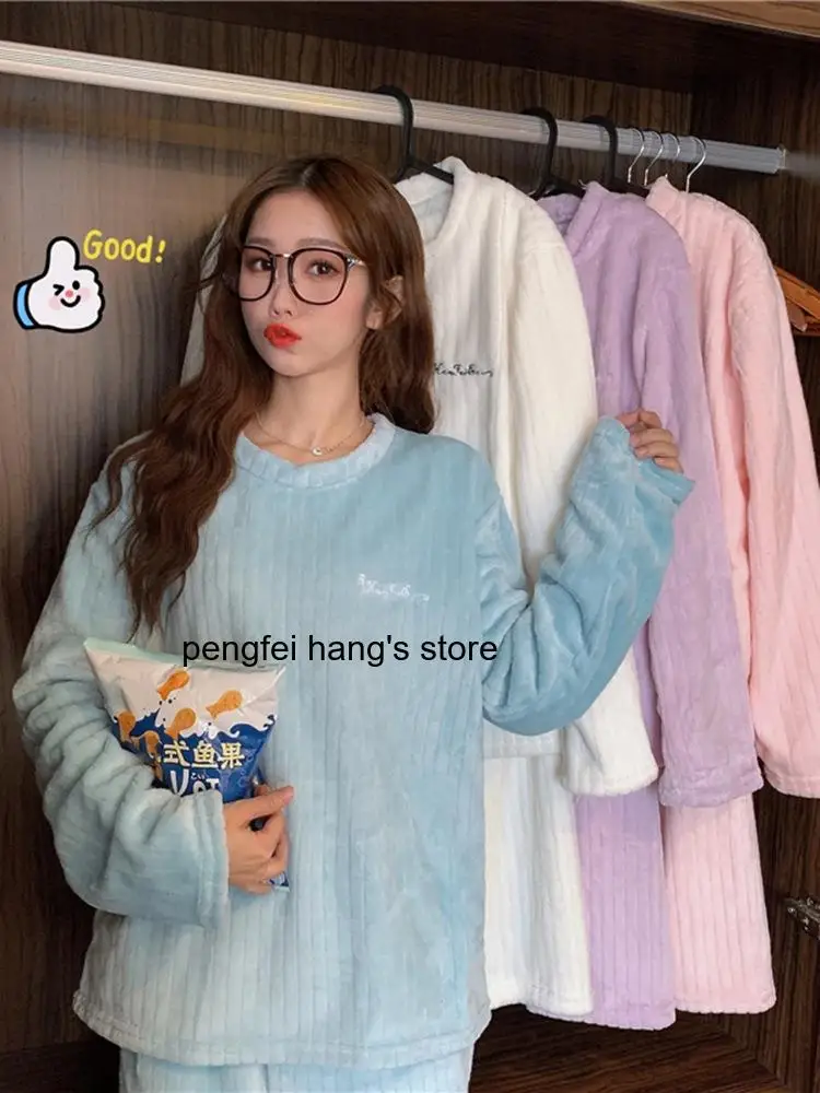 Women Thick Fleece Flannel Sleepwear Set Fall Winter Korean Style Vertical Striped Warm Soft Casual Home Loungewear
Women Thick Fleece Flannel Sleepwear Set Fall Winter Korean Style Vertical Striped Warm Soft Casual Home Loungewear