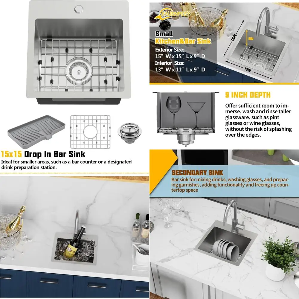 Stainless Steel 15x15 Inch Bar Sink - Drop-In Design for Small Kitchen Spaces, Ideal for Top-Mount Installation
Stainless Steel 15x15 Inch Bar Sink - Drop-In Design for Small Kitchen Spaces, Ideal for Top-Mount Installation