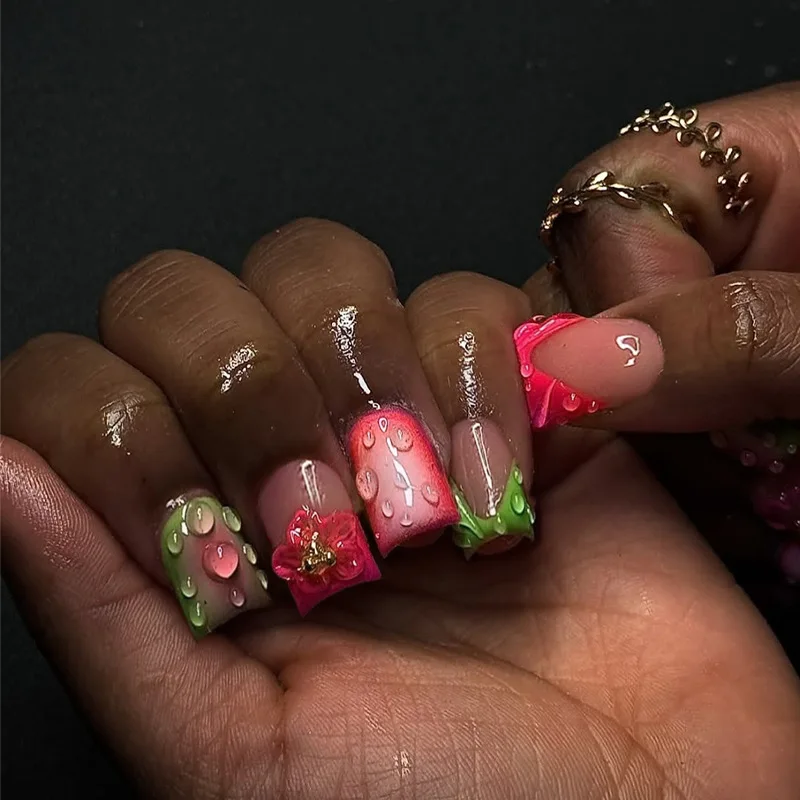 24PCS Duckbill Fake Nails with Pink Green Gradient 3D Water Drop and Flower Decor Fresh Summer Style Glossy Reusable False Nails
24PCS Duckbill Fake Nails with Pink Green Gradient 3D Water Drop and Flower Decor Fresh Summer Style Glossy Reusable False Nails