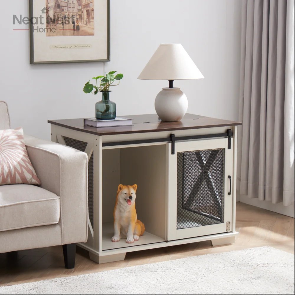 Farmhouse Dog Cage Crate Furniture with Sliding Barn Door, Plate Dogs House with Detachable Divider for Small/Medium/Large dog
Farmhouse Dog Cage Crate Furniture with Sliding Barn Door, Plate Dogs House with Detachable Divider for Small/Medium/Large dog
