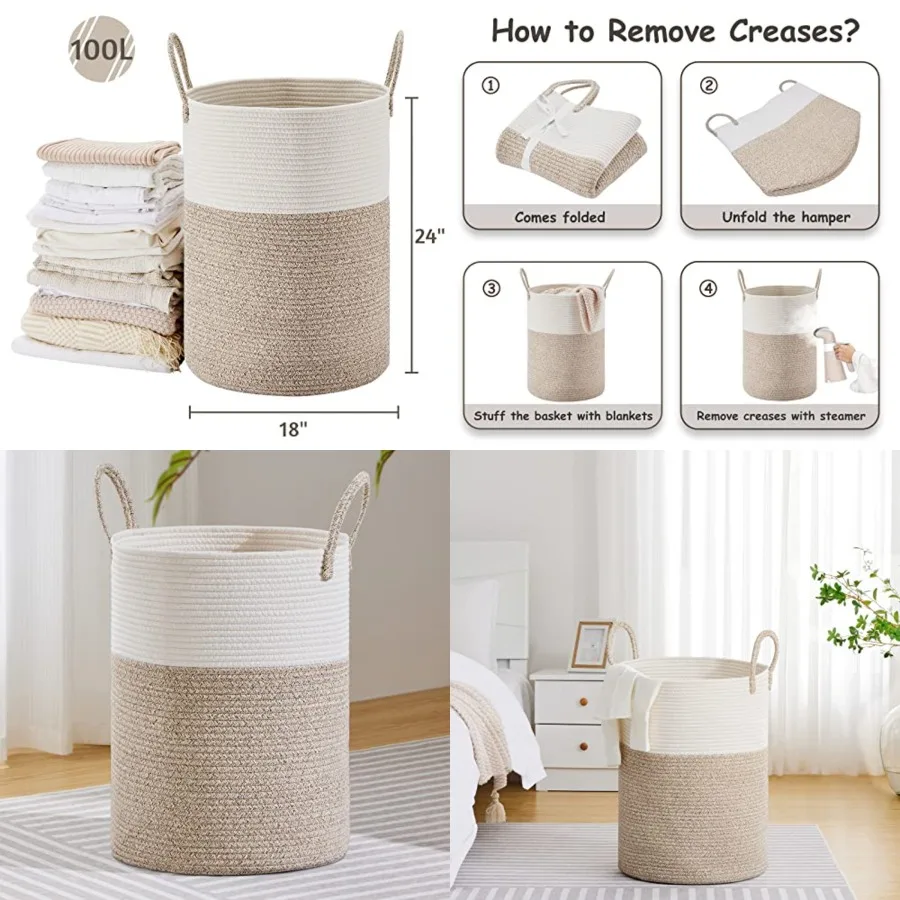Large Laundry Hamper, Tall Woven Rope Storage Basket for Blanket, Toys, Dirty Clothes in Living Room, Bathroom, Bedroom
Large Laundry Hamper, Tall Woven Rope Storage Basket for Blanket, Toys, Dirty Clothes in Living Room, Bathroom, Bedroom