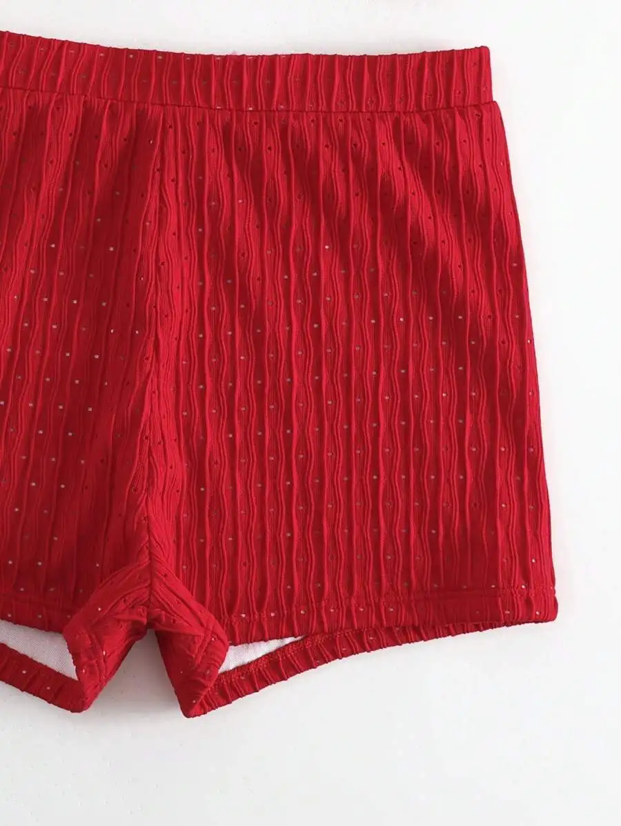 Red Solid Color Womens Beach Swim Shorts With Eyelet Detail
Red Solid Color Womens Beach Swim Shorts With Eyelet Detail