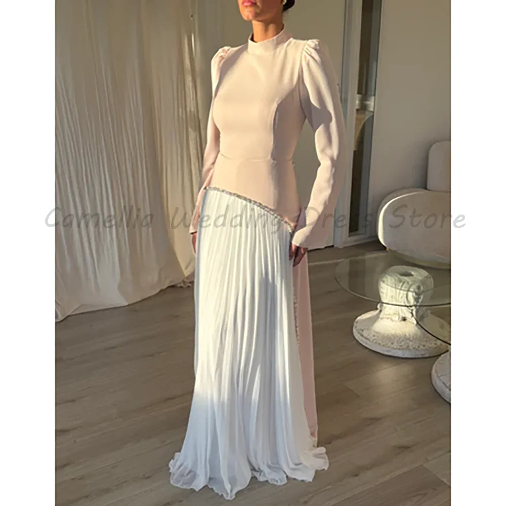Pink and White High Neck Evening Gown with Long Puff Sleeves Beaded Waist Detail Pleated Chiffon A-Line Formal Maxi Dress
Pink and White High Neck Evening Gown with Long Puff Sleeves Beaded Waist Detail Pleated Chiffon A-Line Formal Maxi Dress