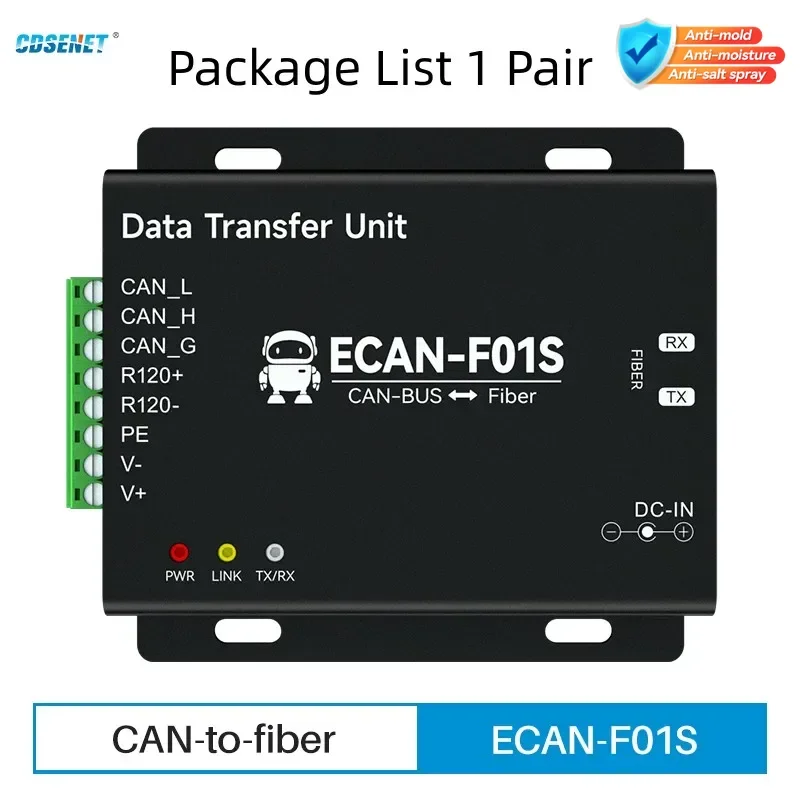 1Pair CAN To Fiber Optic Wireless Transceiver 20KM CANBUS CDSENET ECAN-F01S High Speed Data Conversion Baud Rate 5k-1M
1Pair CAN To Fiber Optic Wireless Transceiver 20KM CANBUS CDSENET ECAN-F01S High Speed Data Conversion Baud Rate 5k-1M