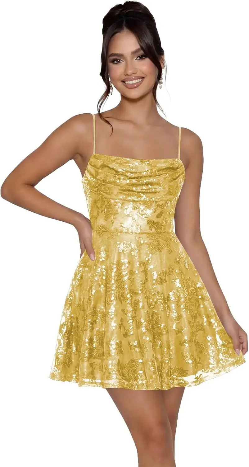 Sequin Prom Dresses 2026 for Teens Spaghetti Straps Cowl Neck Short Cocktail Party Dress Elegant Dress Women for Wedding Party
Sequin Prom Dresses 2026 for Teens Spaghetti Straps Cowl Neck Short Cocktail Party Dress Elegant Dress Women for Wedding Party