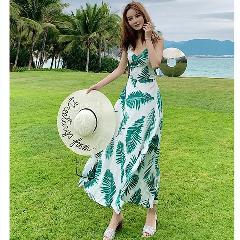 Women Beach Style V-Neck Long Dresses Summer 2023 Lady Sexy Bandage Backless Green Leaf Sling Dress Boho New Travel Camisole
Women Beach Style V-Neck Long Dresses Summer 2023 Lady Sexy Bandage Backless Green Leaf Sling Dress Boho New Travel Camisole