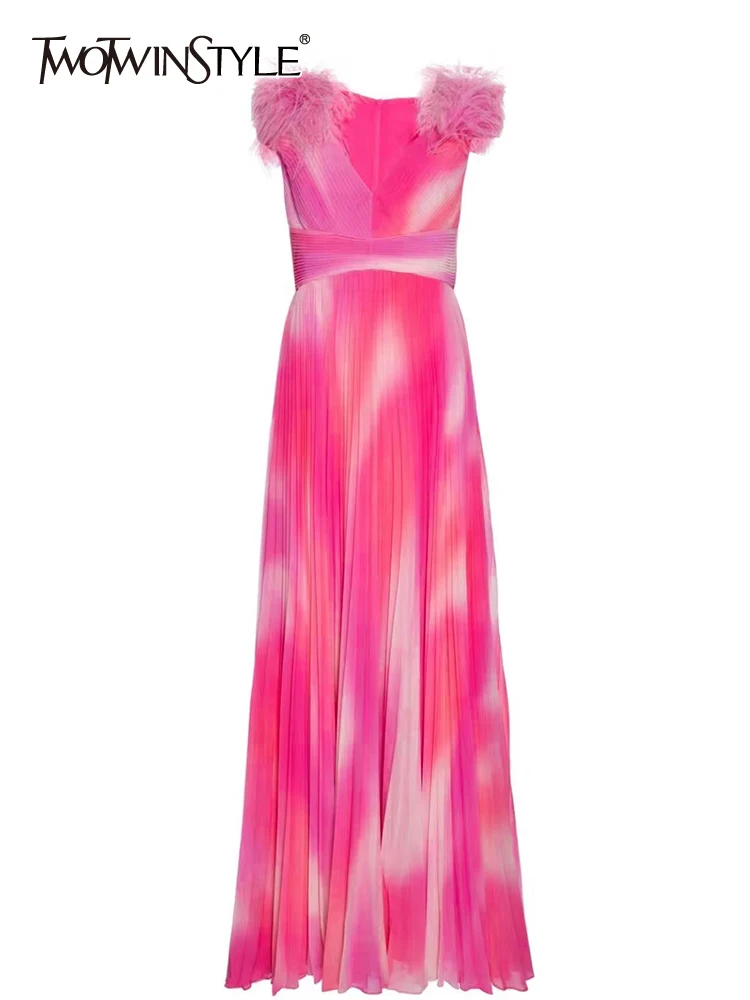 TWOTWINSTYLE Colorblock Patchwork Feathers Elegant Long Dresses For Women V Neck Sleeveless High Waist Temperament Dress Female
TWOTWINSTYLE Colorblock Patchwork Feathers Elegant Long Dresses For Women V Neck Sleeveless High Waist Temperament Dress Female