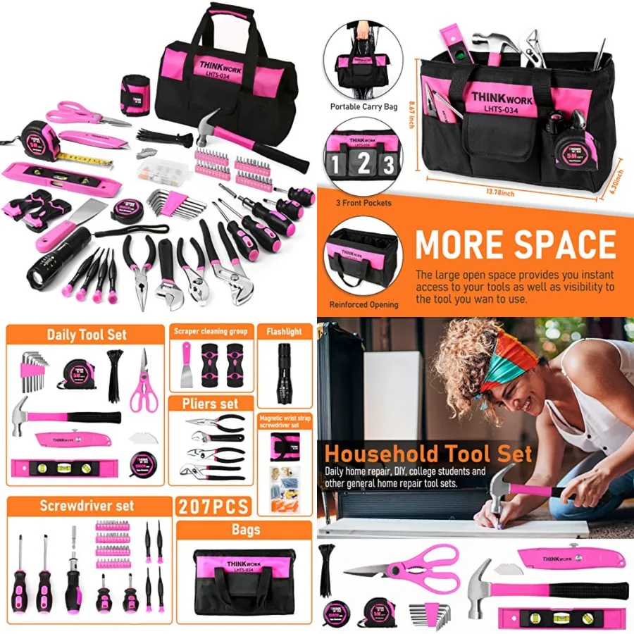 Pink Tool Set - 207 Piece Lady's Portable Home Repairing Tool Kit with 13'' Wide Mouth Open Storage Tool Bag, Perfect for DIY, Home Maintenance - Christmas Gift for Women
Pink Tool Set - 207 Piece Lady's Portable Home Repairing Tool Kit with 13'' Wide Mouth Open Storage Tool Bag, Perfect for DIY, Home Maintenance - Christmas Gift for Women