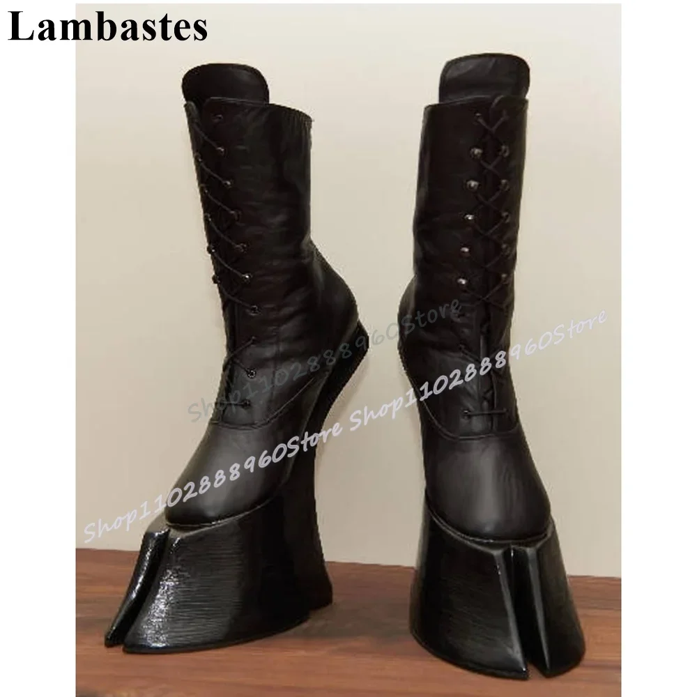 Mid Calf Black Leather Hippocrepiform Boots Strange Style Heel Shoes For Women Cross Tied Occidental Style Party Women Boots
Mid Calf Black Leather Hippocrepiform Boots Strange Style Heel Shoes For Women Cross Tied Occidental Style Party Women Boots