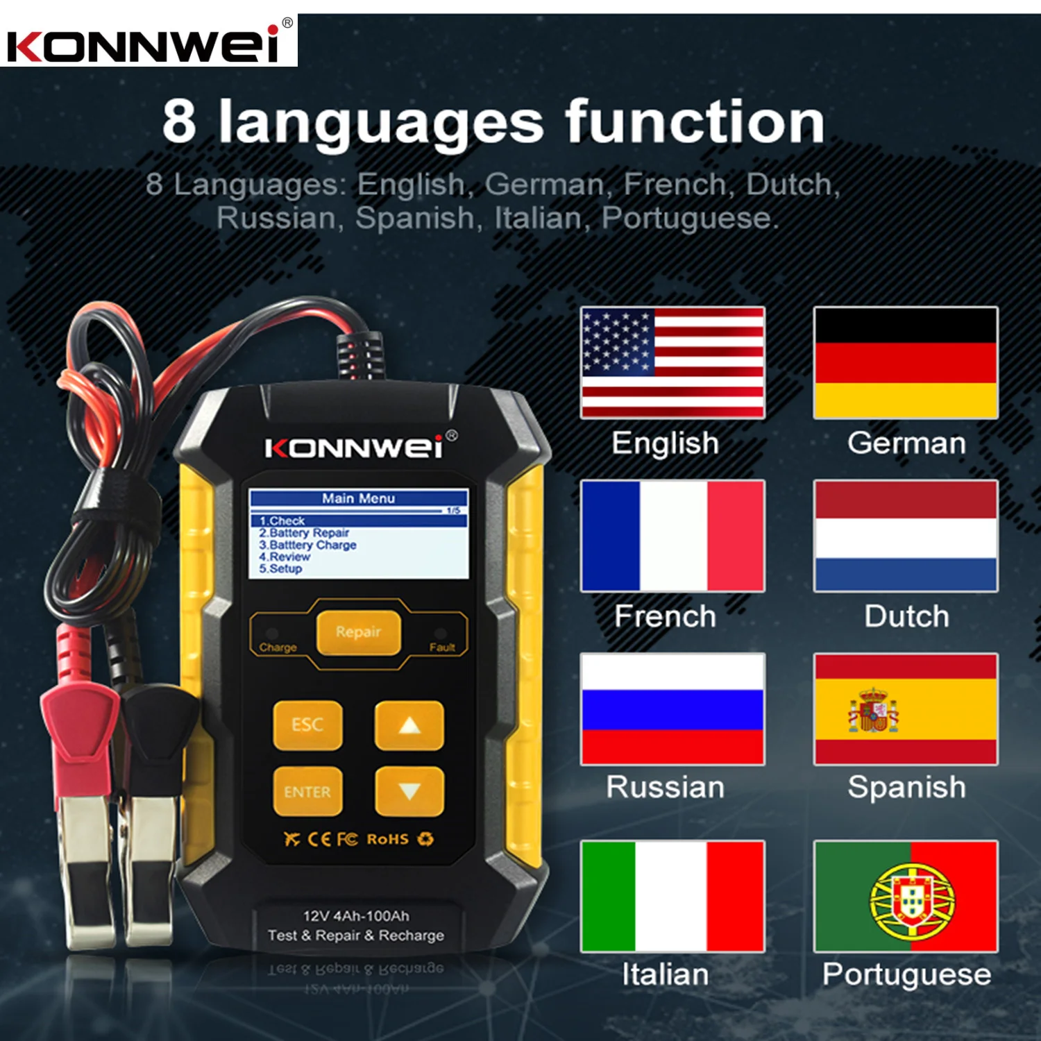 KONNWEI KW510 12V Car Battery Tester Car Repair Tool Pulse Repair Start Test Battery Charger/KW208/KW206/KW650/KW450
KONNWEI KW510 12V Car Battery Tester Car Repair Tool Pulse Repair Start Test Battery Charger/KW208/KW206/KW650/KW450