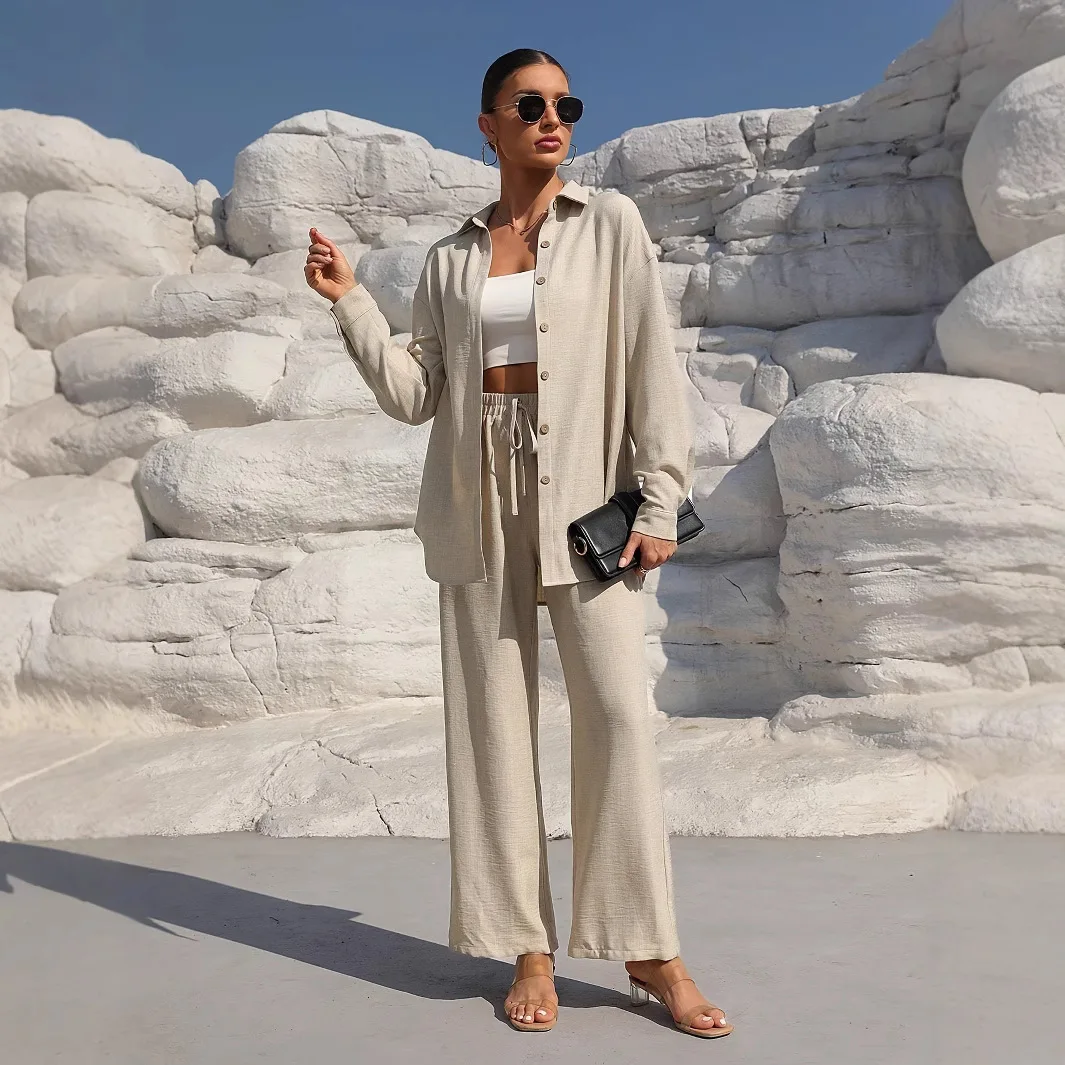 Fashionable Women's Long-sleeved Button-up Shirt Elastic Waist Wide-leg Trousers Suit Women Casual Two-piece Set Autumn Clothes
Fashionable Women's Long-sleeved Button-up Shirt Elastic Waist Wide-leg Trousers Suit Women Casual Two-piece Set Autumn Clothes