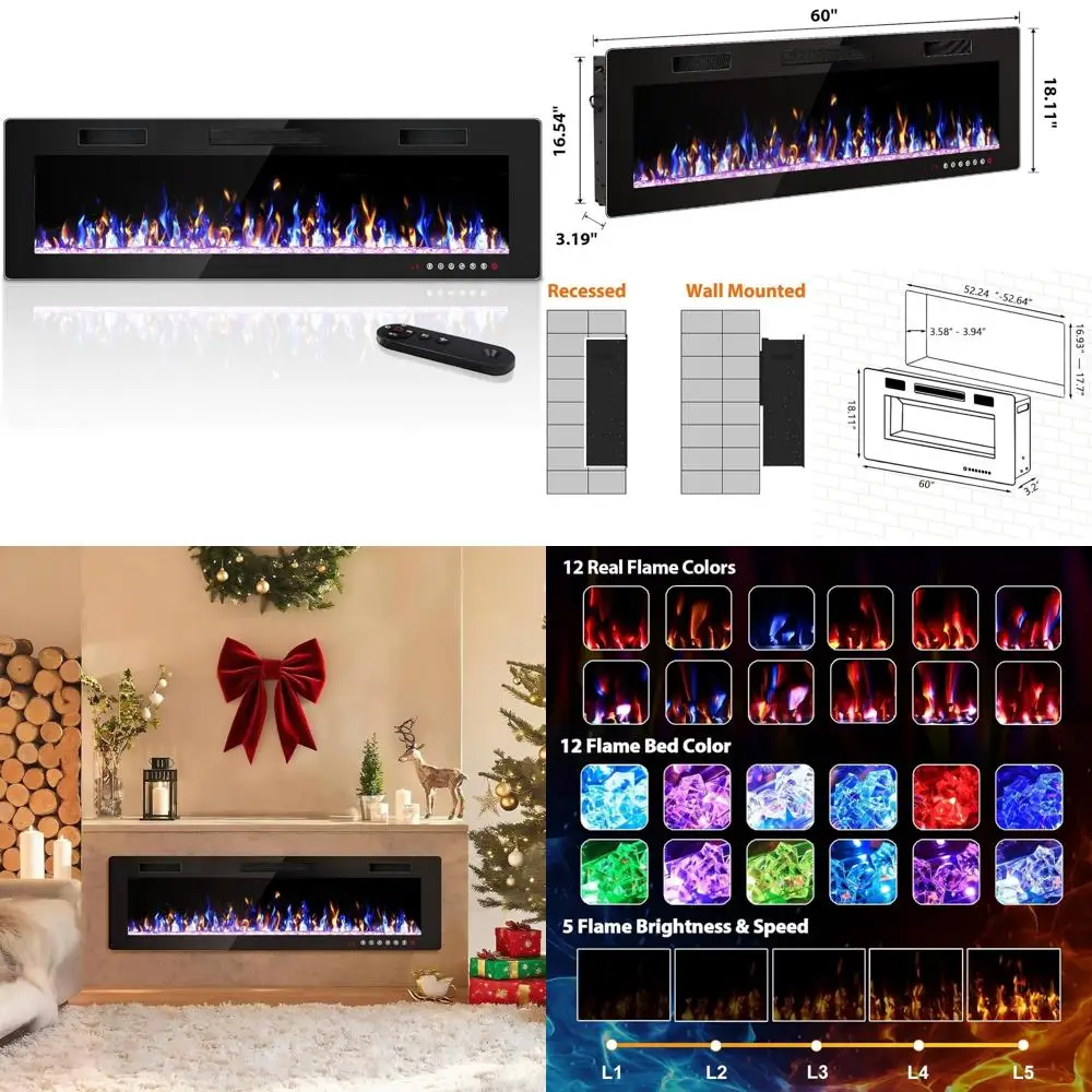 Wall-Mounted Electric Fireplace Heater, 60-Inch Recessed Model, 750W/1500W Adjustable Power, Modern Fireplace Inserts
Wall-Mounted Electric Fireplace Heater, 60-Inch Recessed Model, 750W/1500W Adjustable Power, Modern Fireplace Inserts