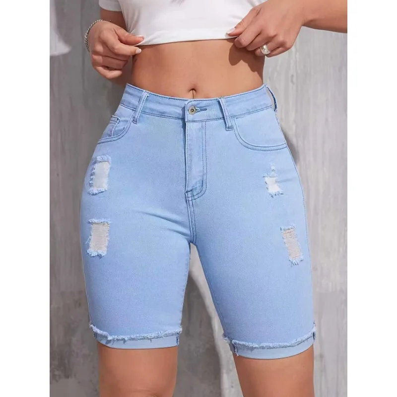 Streetwear Style Women's Elastic Denim Shorts 2026 Summer New Light Wash Distressed Rolled Hem Casual High Waist 5-Pocket Jeans
Streetwear Style Women's Elastic Denim Shorts 2026 Summer New Light Wash Distressed Rolled Hem Casual High Waist 5-Pocket Jeans