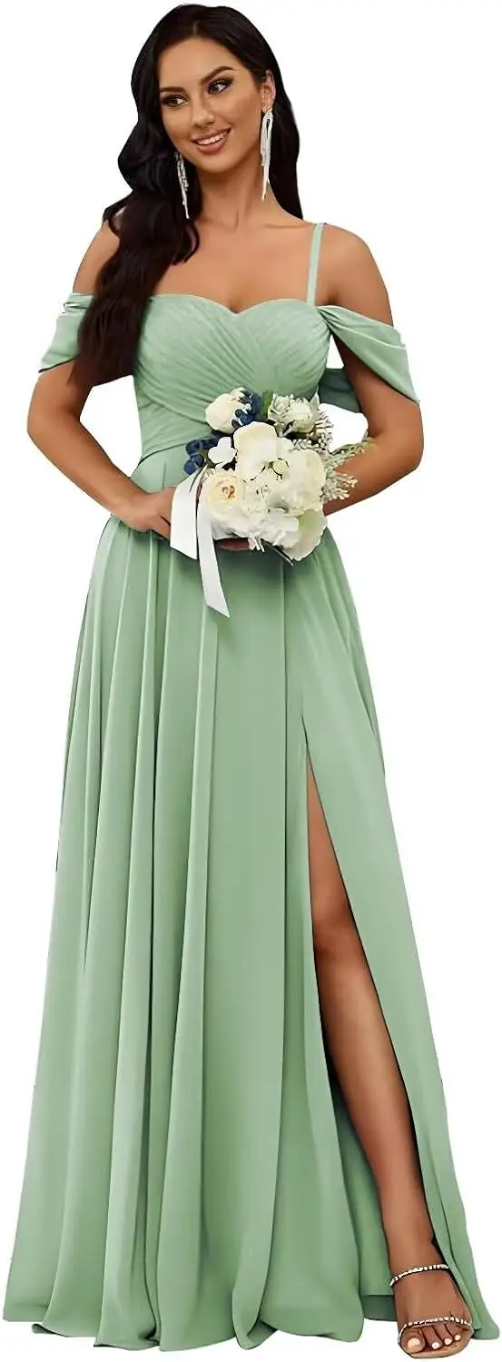 Women's Off Shoulder Bridesmaid Dress with Chiffon Thin Shoulder Strap A-line, Elegant Formal Evening Dress with Slit Ball Dress
Women's Off Shoulder Bridesmaid Dress with Chiffon Thin Shoulder Strap A-line, Elegant Formal Evening Dress with Slit Ball Dress