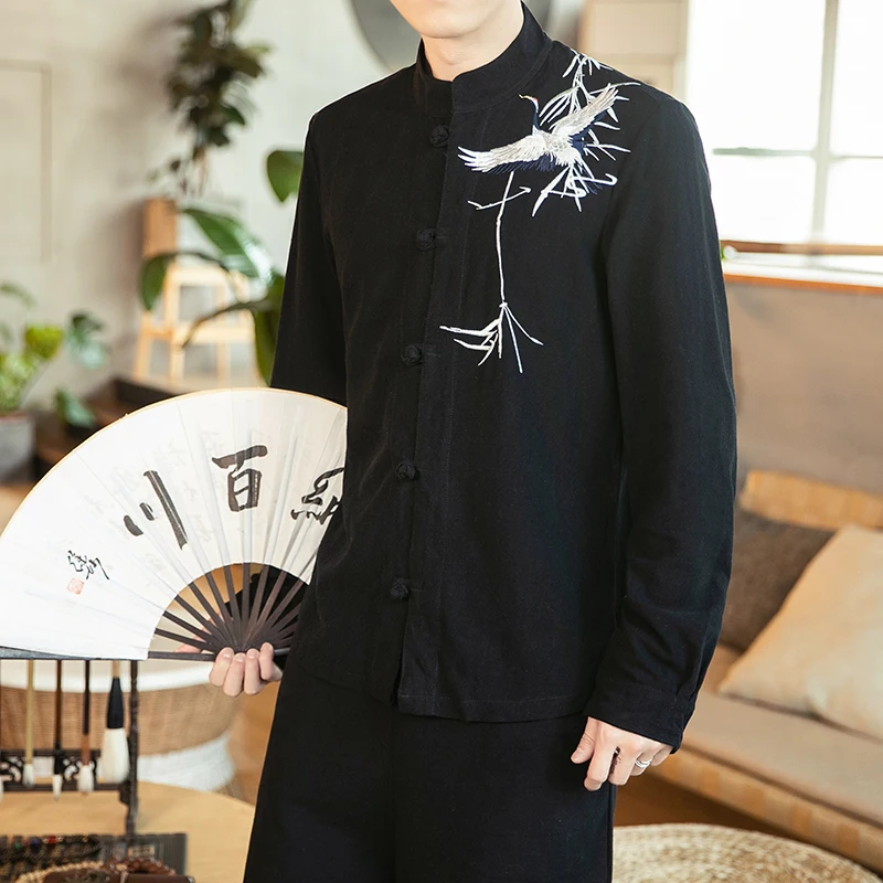Men's Chinese-Style Embroidered Crane Cotton Linen Shirt - Mandarin Collar, Frog Buttons, Timeless Elegance for Casual/Festive
Men's Chinese-Style Embroidered Crane Cotton Linen Shirt - Mandarin Collar, Frog Buttons, Timeless Elegance for Casual/Festive