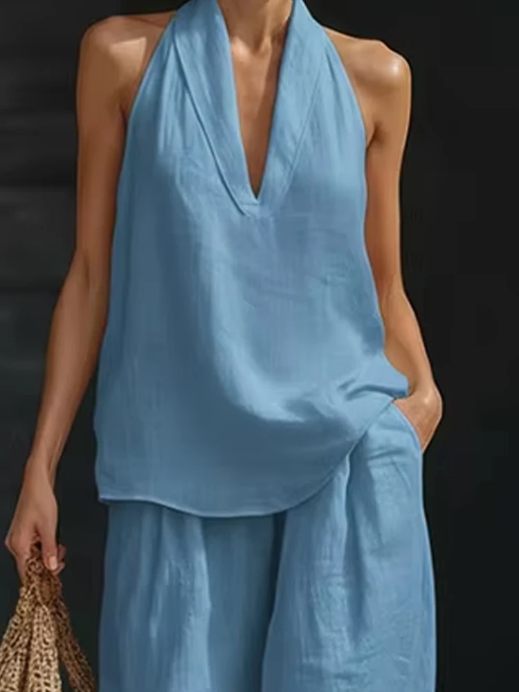 Elegant Deep V-neck Top & Long Pant Summer Set Women's Casual Sleeveless Solid Color 2Pc Suit Fashion Cotton Linen Loose Outfits
Elegant Deep V-neck Top & Long Pant Summer Set Women's Casual Sleeveless Solid Color 2Pc Suit Fashion Cotton Linen Loose Outfits