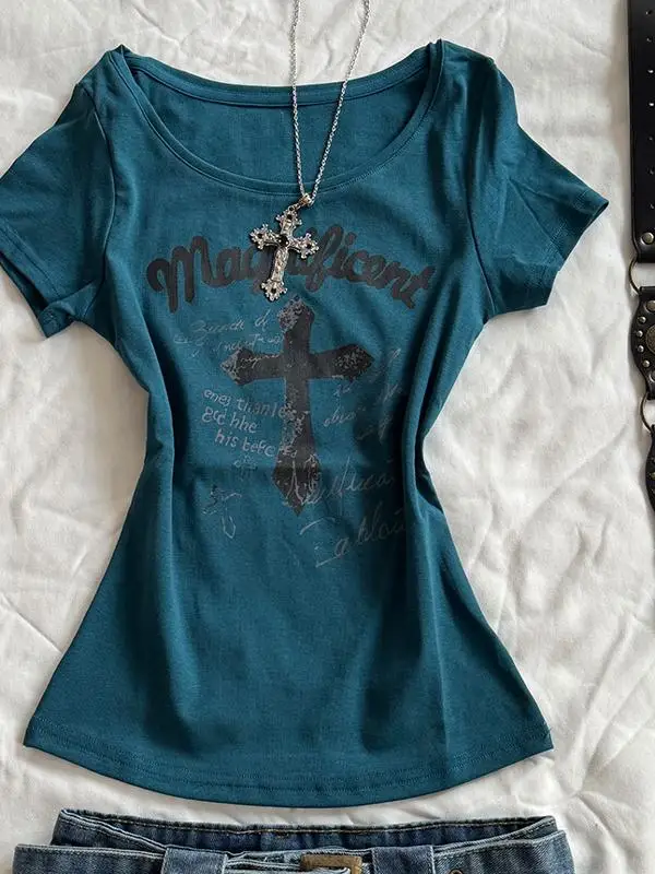 Gothic Rose Blue Print Slim Fit ort Sve T-irt Women's American Retro Sle Casual Top Quali Polyester Cotton Blend 
Gothic Rose Blue Print Slim Fit ort Sve T-irt Women's American Retro Sle Casual Top Quali Polyester Cotton Blend