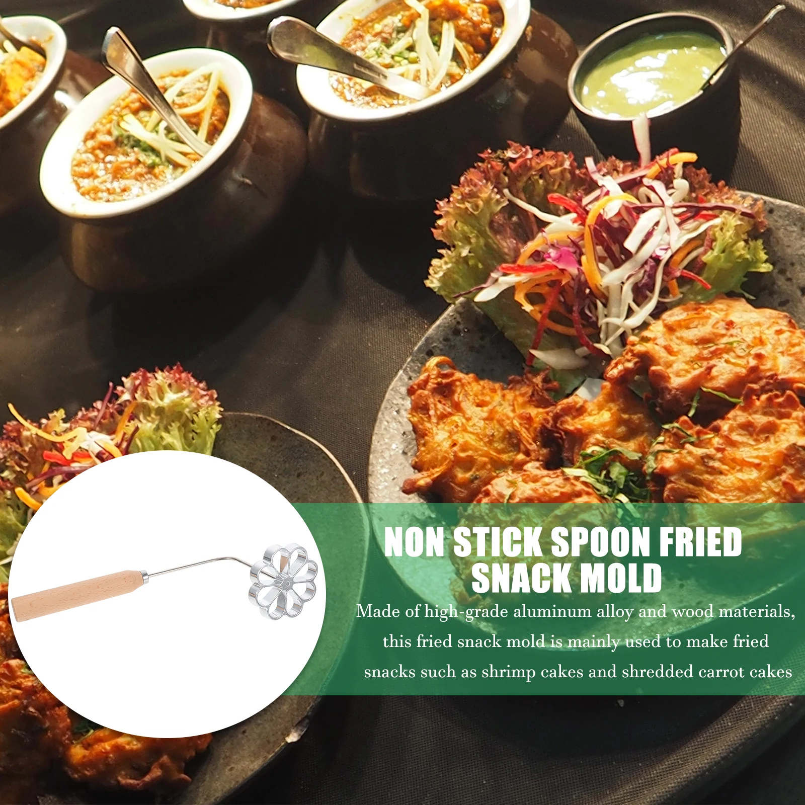 1pc Fried Snack Mold Nonstick Kitchen Cooking Utensil Aluminum Wood Lightweight Storage Carrot Pastry Oil Dumplings Shrimp Cakes 
1pc Fried Snack Mold Nonstick Kitchen Cooking Utensil Aluminum Wood Lightweight Storage Carrot Pastry Oil Dumplings Shrimp Cakes