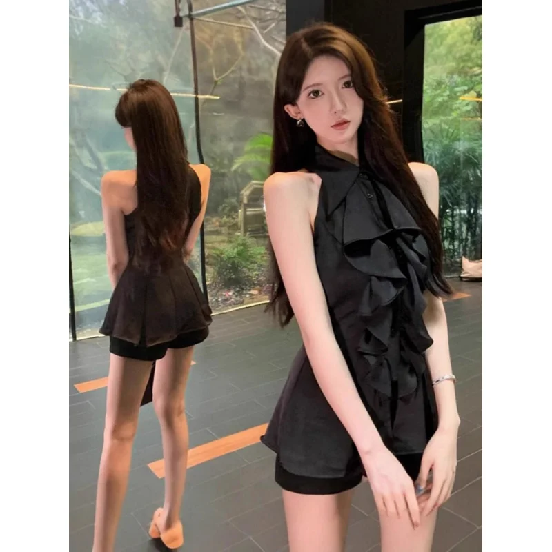 Women High Neck Halter Sleeveless Blouse Ruffle Peplum Slim Fit Black Shirt Elegant Dating Club Party Summer Outfit Tops
Women High Neck Halter Sleeveless Blouse Ruffle Peplum Slim Fit Black Shirt Elegant Dating Club Party Summer Outfit Tops