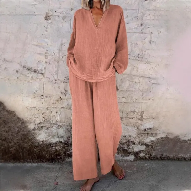 2025 Summer New Casual Two-piece Set Solid V-neck Long Sleeve Loose Top Fashion Comfortable Wide Leg Pants Set Women's Suits
2025 Summer New Casual Two-piece Set Solid V-neck Long Sleeve Loose Top Fashion Comfortable Wide Leg Pants Set Women's Suits
