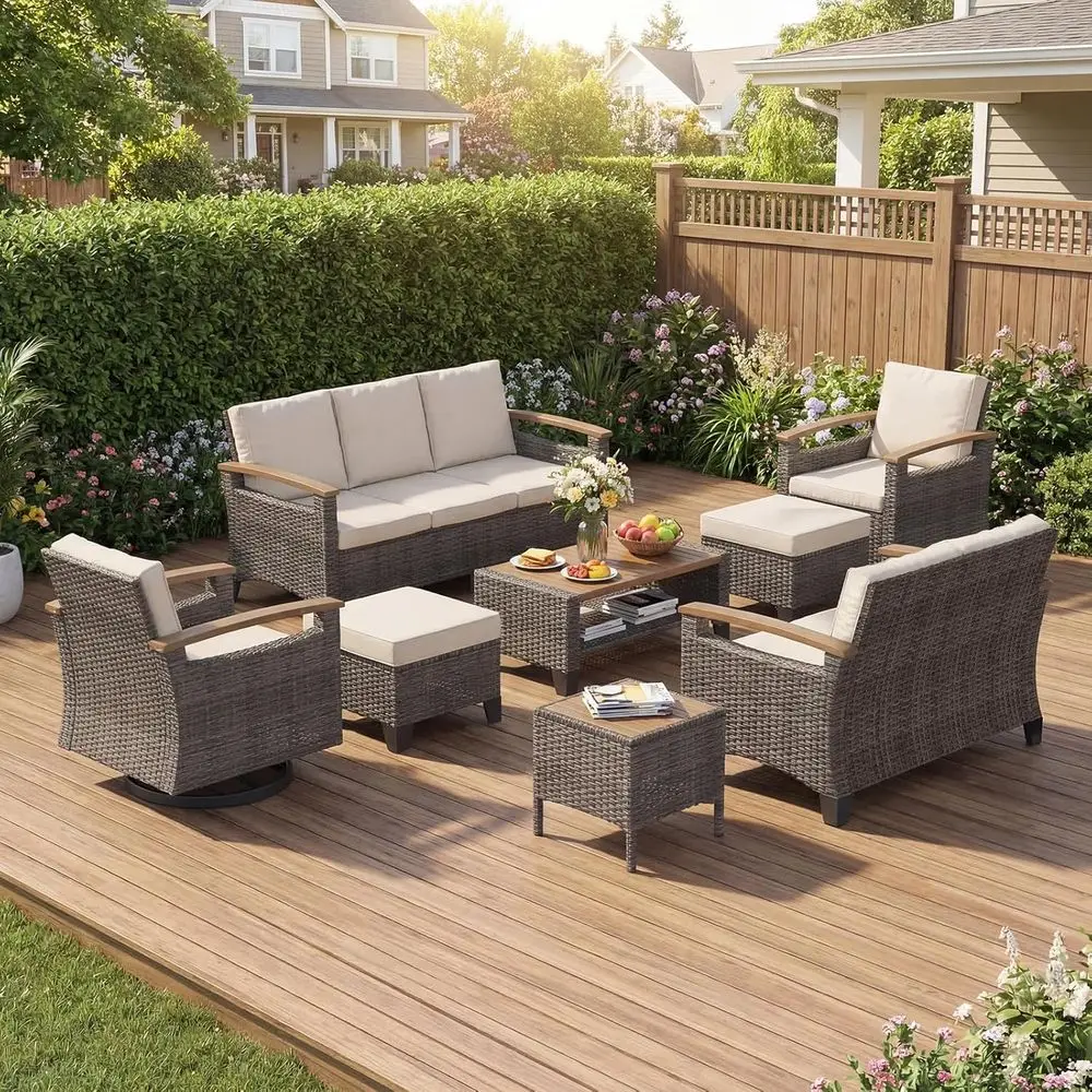 8-Piece Wicker Patio Furniture Set: Swivel Glider, Loveseat, 3-Seat Sofa, 2 Ottomans, Tables - Brown Wicker with Grey Cushions
8-Piece Wicker Patio Furniture Set: Swivel Glider, Loveseat, 3-Seat Sofa, 2 Ottomans, Tables - Brown Wicker with Grey Cushions