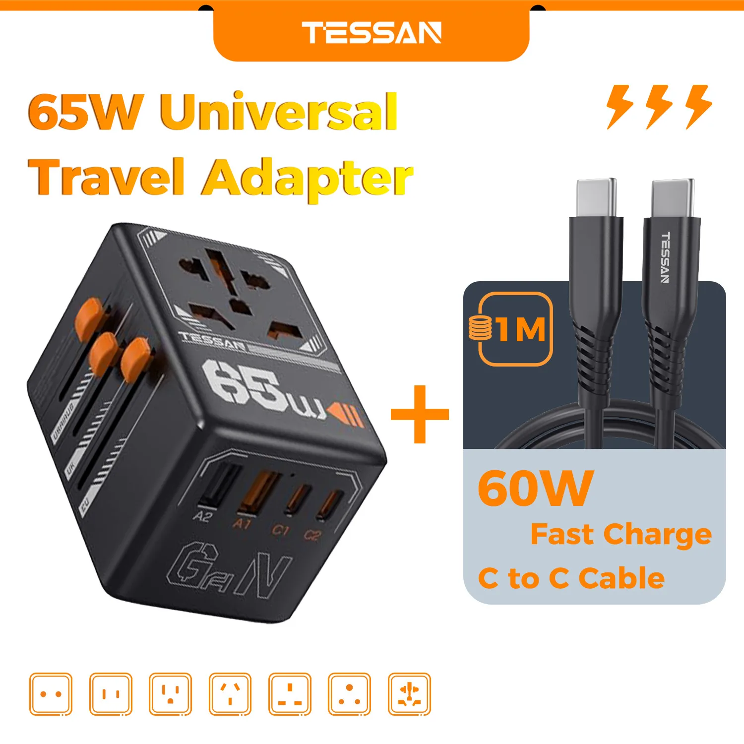 Универсальный дорожный адаптер GaN TESSAN 65 Вт с USB Type C, международный адаптер для быстрой зарядки, вилка стандарта ЕС/Великобритании/США/Австралии для путешествий
Универсальный дорожный адаптер GaN TESSAN 65 Вт с USB Type C, международный адаптер для быстрой зарядки, вилка стандарта ЕС/Великобритании/США/Австралии для путешествий