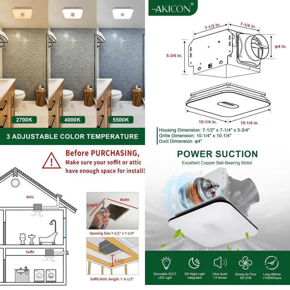 15W 3CCT Dimmable LED Bathroom Exhaust Fan with 5W Night Light, 90cm, 1.5 Sones, Square Design, White
15W 3CCT Dimmable LED Bathroom Exhaust Fan with 5W Night Light, 90cm, 1.5 Sones, Square Design, White