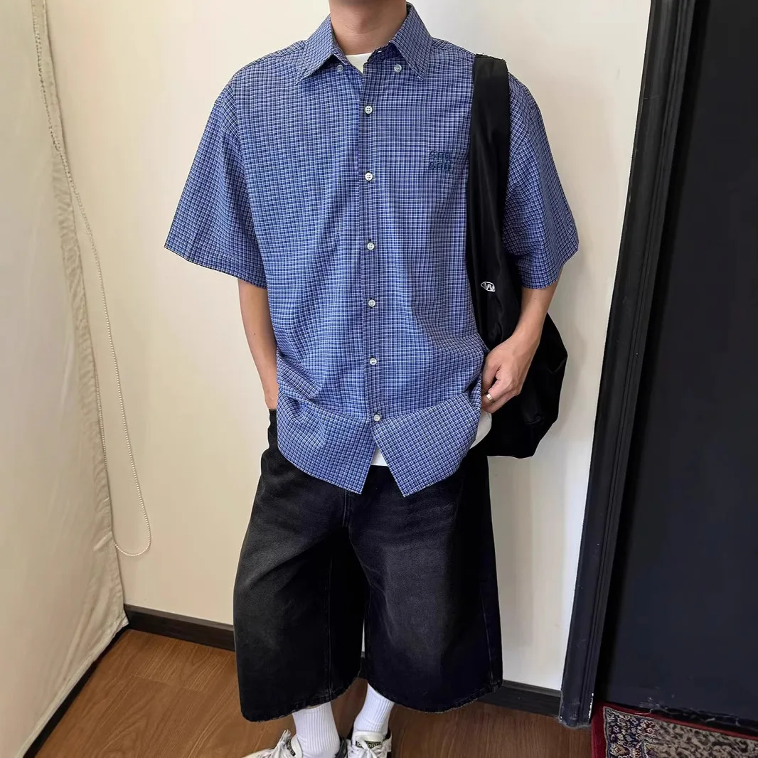 American Retro Blue Checkered Short Swedish Shirt Men Summer Loose Fit Shoulder Pads Embroidery Detail Casual Wear Short Sleeve
American Retro Blue Checkered Short Swedish Shirt Men Summer Loose Fit Shoulder Pads Embroidery Detail Casual Wear Short Sleeve