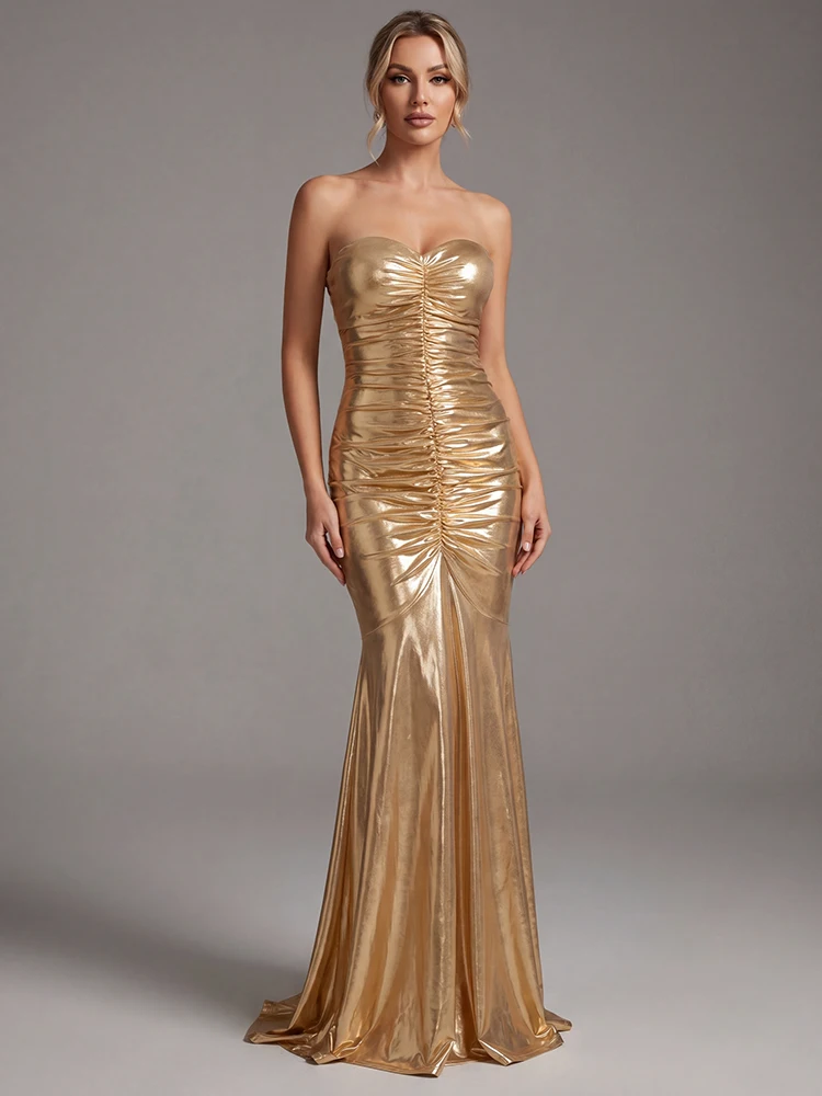 2026 Luxury Gold Strapless Ruched Mermaid Evening Gown for Women Sweetheart Neck Metallic Elegant Bodycon Cocktail Party Dress
2026 Luxury Gold Strapless Ruched Mermaid Evening Gown for Women Sweetheart Neck Metallic Elegant Bodycon Cocktail Party Dress