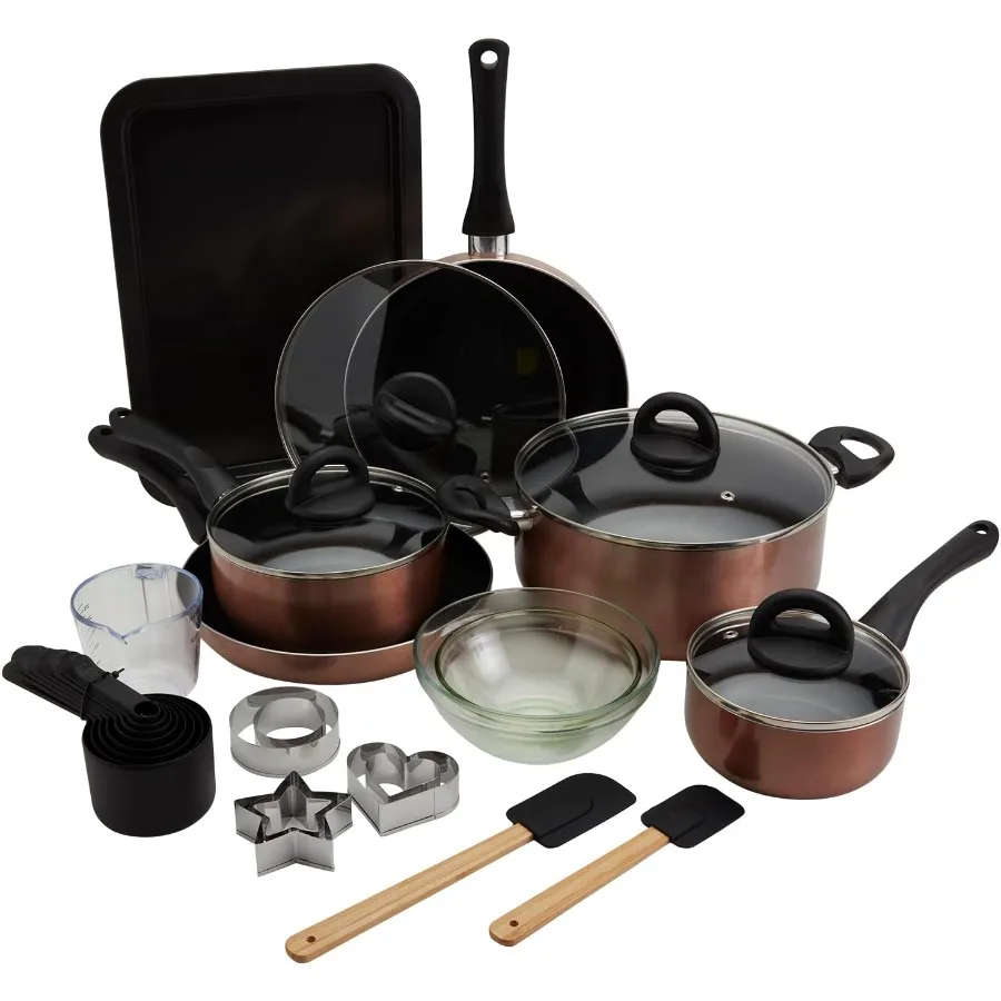 29 предметов, кастрюли с антипригарным покрытием, набор сковородок, противень, формочки для печенья, миска для смешивания, мерные чашки и ложка, медь