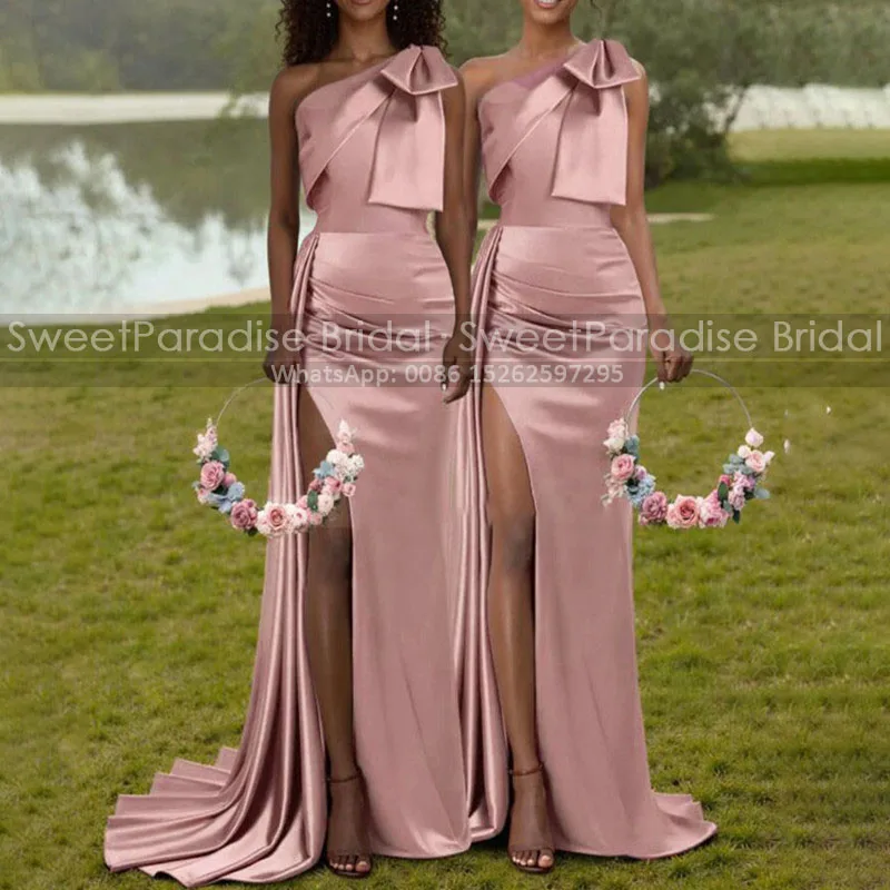 Customized Sheath Long Bridesmaid Dresses With Bow One Shoulder Mermaid High Slit Sleeveless Rose Gold Party Dress Wedding Guest
Customized Sheath Long Bridesmaid Dresses With Bow One Shoulder Mermaid High Slit Sleeveless Rose Gold Party Dress Wedding Guest