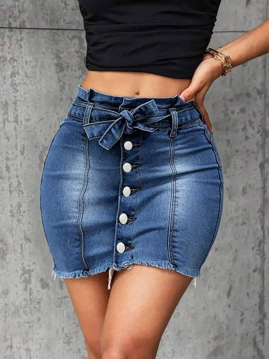 High-Waisted Paper Bag Denim Skirt With Button Front And Tie Waist
High-Waisted Paper Bag Denim Skirt With Button Front And Tie Waist