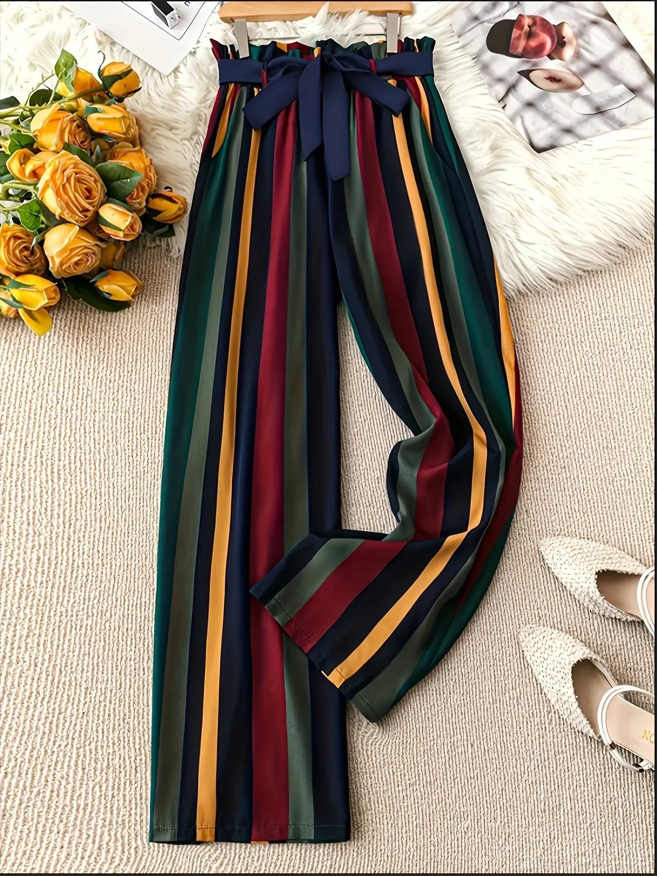 Women's Retro Color-Blocked Striped Wide-Leg Pants, High-Waisted Paperbag Waist with Tie, Draped Straight-Leg Trousers
Women's Retro Color-Blocked Striped Wide-Leg Pants, High-Waisted Paperbag Waist with Tie, Draped Straight-Leg Trousers