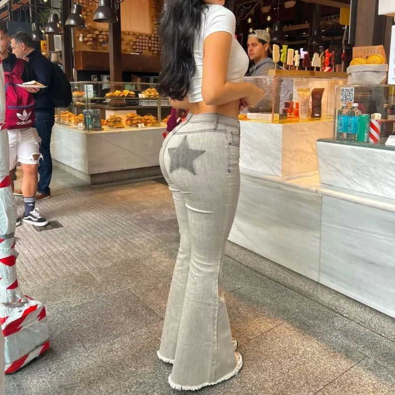 European and American Street Slimming Jeans for Women Summer Low Waisted Five Pointed Star Printed Flared Pants Trendy Clothing
European and American Street Slimming Jeans for Women Summer Low Waisted Five Pointed Star Printed Flared Pants Trendy Clothing