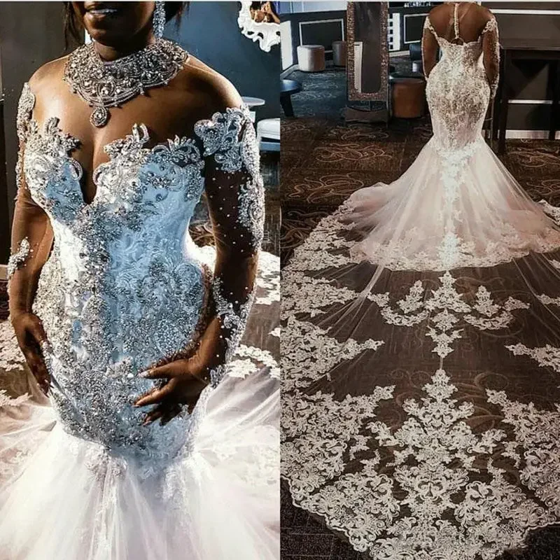Customized Mermaid Wedding Dresses Rhinestones Crystals Lace Beaded Long Sleeves Court Train South African Bride Vestido De Novi
Customized Mermaid Wedding Dresses Rhinestones Crystals Lace Beaded Long Sleeves Court Train South African Bride Vestido De Novi