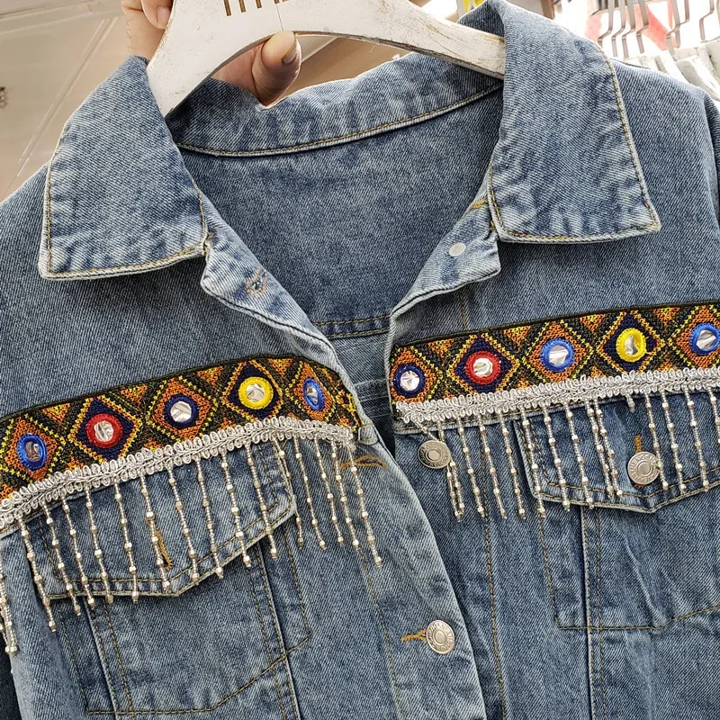 Heavy Work Tassel Embroidery Denim Jacket Coat Women Vintage Loose Short Outerwear Long Sleeve Jeans Jackets Female Streetwear
Heavy Work Tassel Embroidery Denim Jacket Coat Women Vintage Loose Short Outerwear Long Sleeve Jeans Jackets Female Streetwear